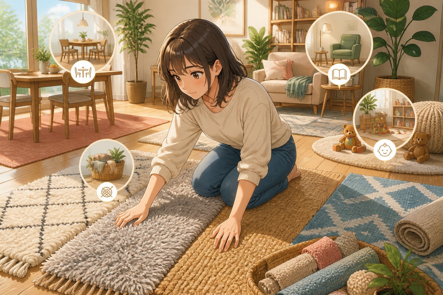 Une femme réfléchie touche différents tapis dans un salon lumineux et confortable, entourée de meubles modernes et de plantes.